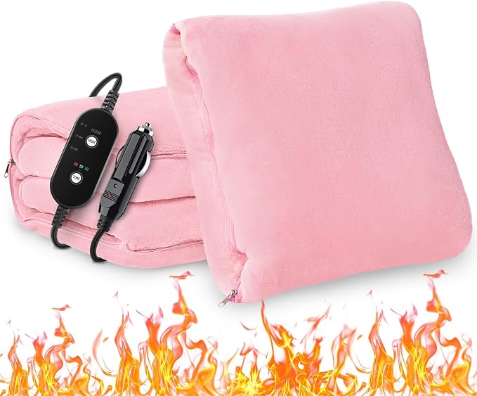 Car Heated Blanket, 12/24V Portable Heated Blanket for Car, Machine Washable Flannel Travel Blanket, 3 Heating Levels, 60x44 Inches, 4-in-1 Design, Convenient Storage for Camping,Pink
