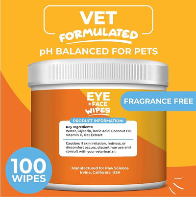Dog & Cat Eye Wipes (100 Count) Hypoallergenic Eye & Face Wipes for Cats, Dogs - Pet Tear Stain Remover & Cleaner - Cleans & Removes Discharge, Crust, & Gunk (Unscented)