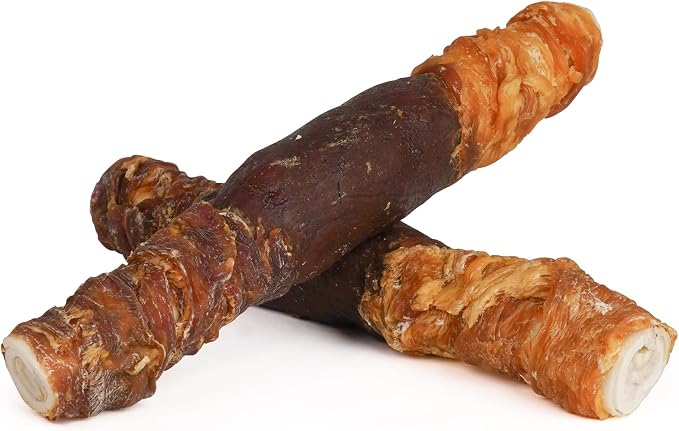 Dog Treats Triple Flavor 9 Inch Chicken Liver Duck and Chicken Wrapped Rawhide Rolls, Teeth Cleaning and Long Lasting Chews for Medium and Large Dogs, 11.1 oz(2 Count)