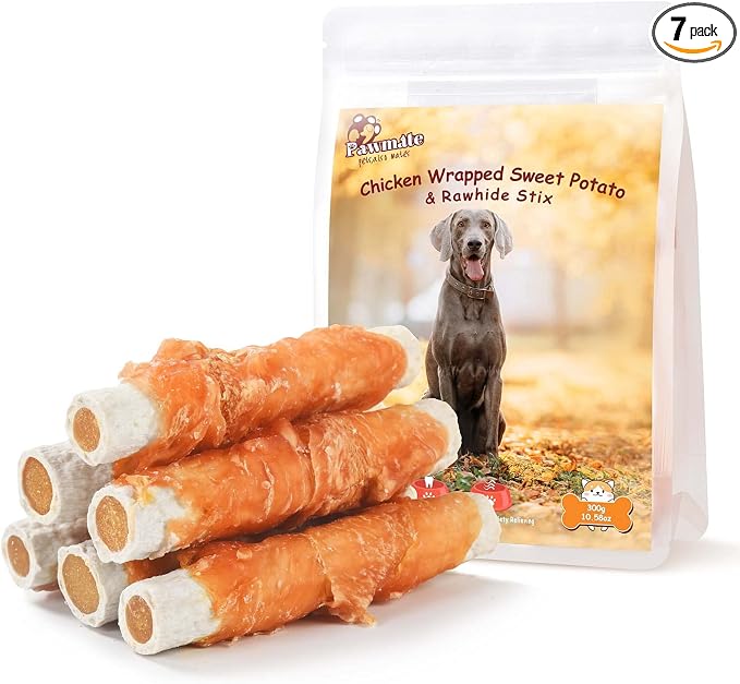Dog Treats Large Breed, Chicken Wrapped Rawhide Sticks with Sweet Potato Sandwich, Rawhide Dog Chews Training Rewards Snacks for Small Medium Large Dogs, 6-7 Counts, 10.6 oz