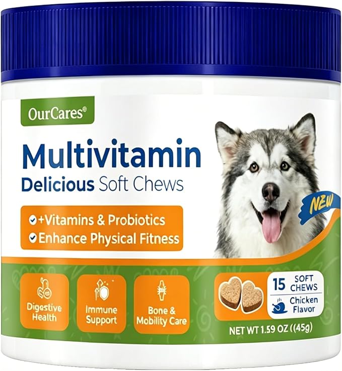 Dog Multivitamin Soft Chews — Glucosamine, Probiotics & Omega 3 for Hip & Joint Support, Skin & Coat, Immune & Digestive Health — Senior Dog Vitamins for All Breeds, Chicken Flavor, 15 Count