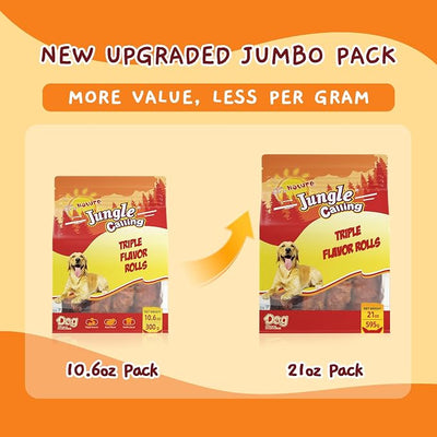 Jungle Calling 21oz Triple Flavor Rolls Dog Treats, Rawhide Free Chews Made with Real Chicken Duck & Beef, High Protein Healthy Jerky Snacks for Medium Large Dogs, Easily Digestible Training Treat