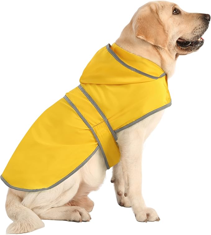 Dog Raincoat for Large Dogs Waterproof Jacket Hooded Rain Coats with Reflective Strips Leash Hole & Poncho Adjustable Fit (Yellow,L)