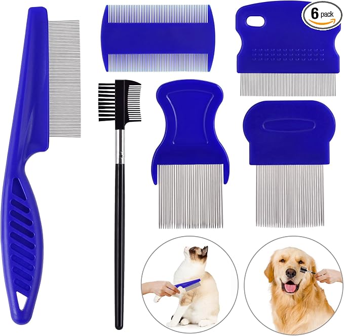 6 Pack Flea Comb for Cats Dogs,Stainless Steel Dog Cat Grooming Combs With Rounded Teeth,Double-Sided Tear Stain Remover,Dematting Comb For Dogs Cats Ideal for Small, Medium & Large Pets (Blue)