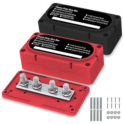 Heavy Duty Bus Bar 300A 12V Power Distribution Block with 3/8" (M10) 4-Posts Terminals Block with Cover for Automotive, Marine, Battery System(Black & Red)