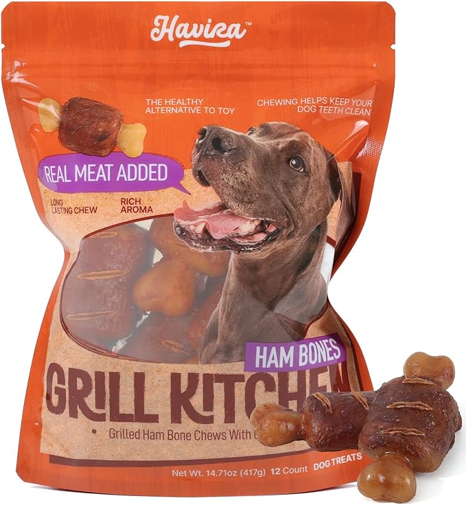 BBQ Dog Treats Ham Bone 12 Count, Grill-Shaped Rawhide Free Dog Chews Bone, Easily Digestible, for All Life Stages