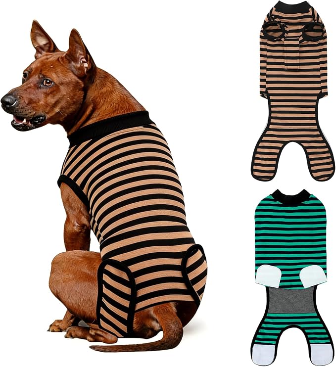 2 Packs Breathable Cotton Dog Recovery Suit for After Neuter Spay Abdominal Wounds Protector, Professional Anti-Licking Onesies for Male Female Pets Surgery Bandages, 2XL Striped Yellow Green