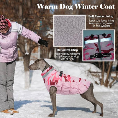 Lelepet Warm Dog Winter Coat Dog Coats for Medium Dogs Waterproof Dogs Jacket with Harness Built in Reflective Cold Weather Coats Windproof Zip-Up Winter Fleece Vest Snowsuit Dachshund Pink Camo