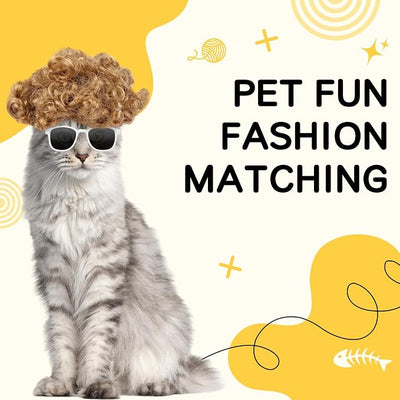 HOWWFALY Cat Apparel Cat Gold Afro Wig with White Small Glasses Styling Cute Funny Pet Hair Accessories Decoration for Halloween, Christmas, Parties