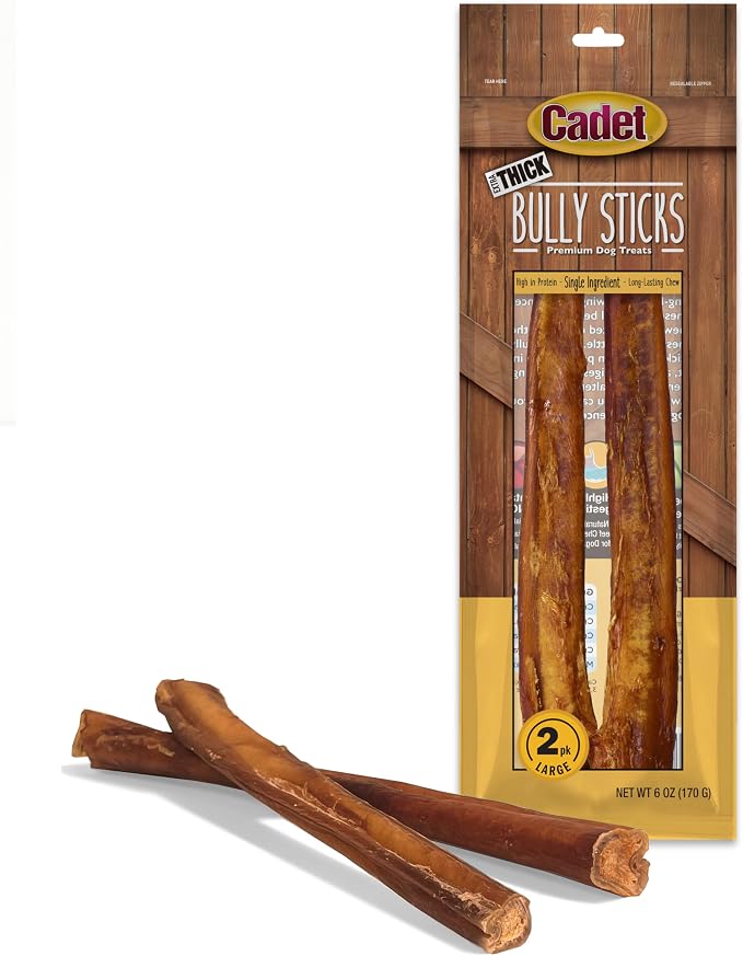 Bully Sticks for Large Dogs, All-Natural Beef Pizzle, Rawhide-Free Long-Lasting Dog Chews for Aggressive Chewers, Extra-Thick, 2 Count