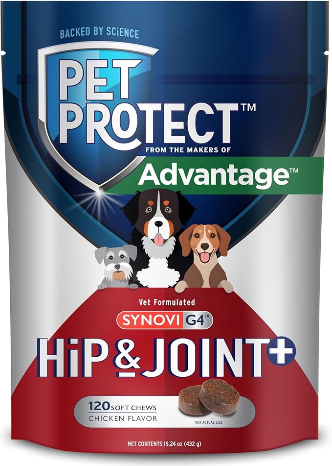 Dog Hip & Joint+ Supplement for Active & Aging Dogs, Vet-Formulated Synovi G4, Dog Glucosamine, Chicken-Flavored Soft Chews (120 Count)