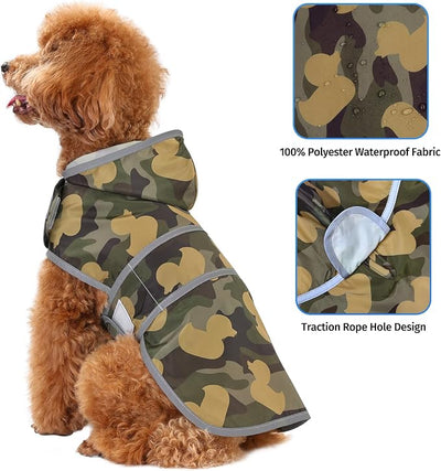 Dog Raincoat for Small Dogs Puppies Waterproof Jacket Hooded Rain Coats with Reflective Strips Leash Hole & Poncho Adjustable Fit (CamoDuck,S)
