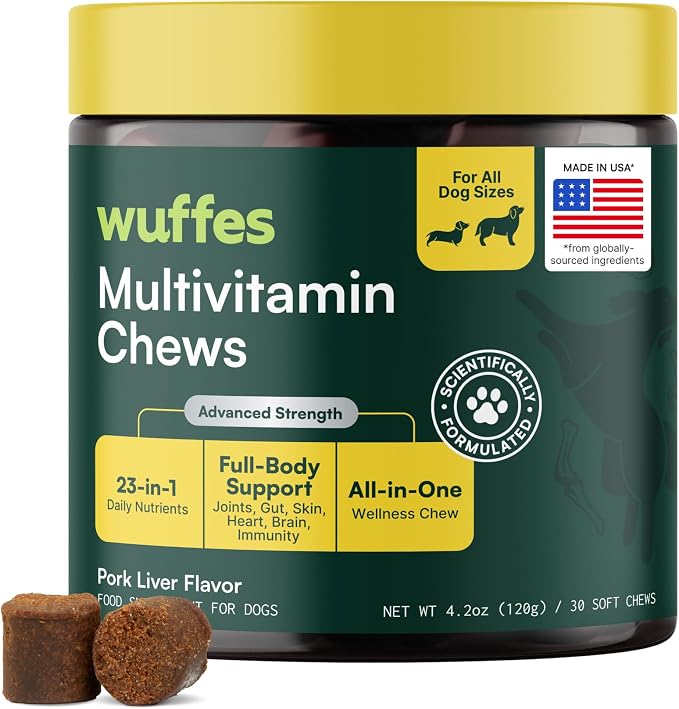 23-in-1 Dog Multivitamin Soft Chews Skin & Coat, Immune + Gut Health Support - Vitamins & Minerals with Omega-3, Iron & Zinc for Puppies & Senior Dogs, 30 Ct