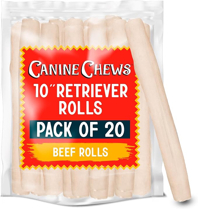 10" Dog Rawhide Retriever Rolls - Bones for Large Dogs (20 Pack) - 100% USA-Sourced Natural Beef - Single Ingredient - Healthy Dental Chew