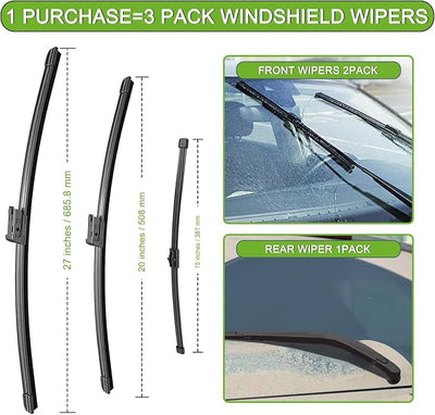 PARRATI® Windshield Wiper Blades for Audi Q7 2016-2025, 3 Pack | 27/20 Inch Front +15 Inch Rear, OEM Replacement, Ultra Quiet, No Streaks All Weather Wiping