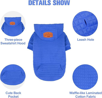 BEAUTYZOO Small Dog Hoodie Sweater with Pockets, Dog Clothes for Small Medium Dogs Boy Girl, Waffle-Like Laminated Cotton Pet Coats with Hat and Leash Hole, Blue S