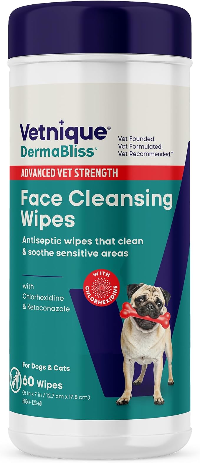 Dermabliss Dog Wipes, Fragrance-Free Face Wrinkle & Skin Fold Care | Medicated Chlorhexidine & Ketoconazole Dog Grooming, Face & Paw Wipes for Bulldog Wrinkles & Folds; Gentle Daily, Cat-Safe