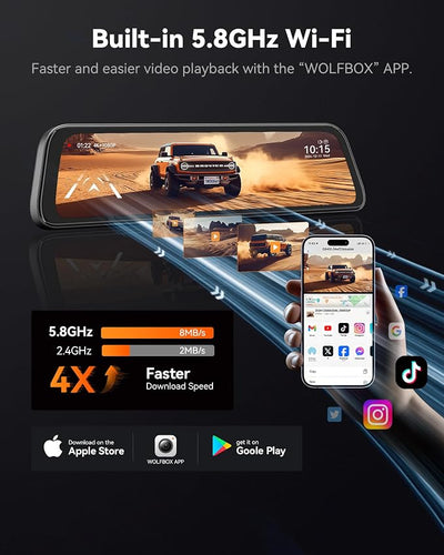 WOLFBOX G840S 12" 4K Mirror Dash Cam Backup Camera, 5.8GHz WiFi Smart Rearview Mirror for Cars & Trucks, Front and Rear View Dual Cameras, Night Vision, Parking Assistance, Included 32GB Card & GPS