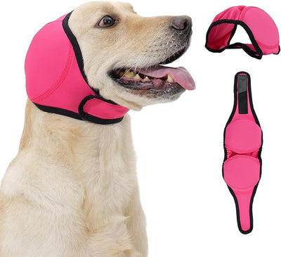 Dog Head Wrap - No Shake Ear Wrap Snood for Noise & Anxiety Relief, Ear Protector with Calming Hoodie, Dog Headband Ear Muffs for Hematoma, Grooming and Drying (Rose Red, L(Head Circle:18"-24"))