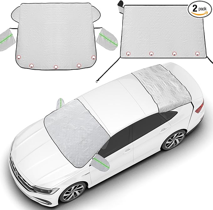 2-Piece Car Windshield Cover Set - All-Weather Front & Rear Protection with Magnetic Edges and Side Mirror Covers for Cars, Trucks, SUVs - Fits Most Vehicles (Regular,Silver)