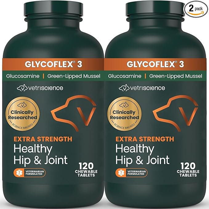 VetriScience Glycoflex 3 Clinically Proven Hip and Joint Supplement for Dogs - Maximum Strength Dog Supplement with Glucosamine, MSM, Green Lipped Mussel & DMG - 120 Count - 2 Pack