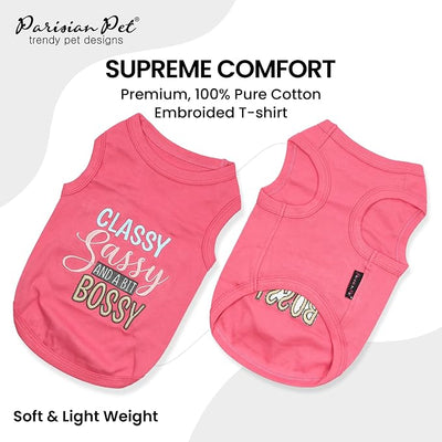 Parisian Pet Dog Shirt – 100% Cotton Classy Sassy and Bossy Shirts for Small Dogs – Pink Sleeveless Puppy Clothes – Soft Breathable Dog Outfit – Summer Pet Apparel - Stretchable Tshirts for Dogs Girls