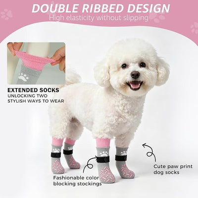 SCENEREAL Anti Slip Dog Socks to Prevent Licking Paws for Hot/Cold Pavement, Paw Protector Traction Control on Hardwood Floor, Dog Shoes Booties for Puppy Small Medium Large Senior Dogs, Pink XS
