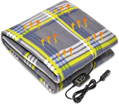 Amazingforless 12V Heated Fleece Car Blanket with Controller for Timer & Heat Levels Electric Car Blanket (Yellow Plaid)