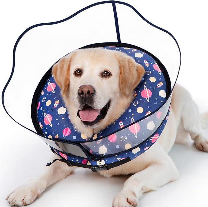 Inflatable Dog Cone Collar,Waterproof Soft Dog Donut Cone for Large Medium Small Dogs Cats, Recovery Pet E-Collar Alternatives After Surgery (Planet-with Shield, Medium+)