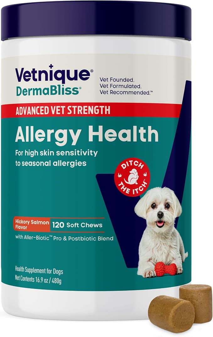 Dermabliss Dog Allergy Chews Advanced Strength for Itch & Skin Relief, Anti-Itch Supplement with Aller-Biotic Pro, Quercetin, Wellmune & Omega 3 (120ct, Advanced Strength Chews)