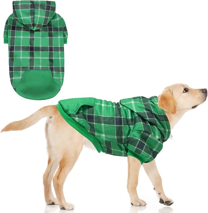 KOOLTAIL Plaid Dog Hoodie for Small Medium Large Dogs - Pet Clothes Sweater with Hat and Pocket for Cold Weather Winter, Warm Soft Dog Hooded Sweatshirt Coat Outfit for Puppy Cats Girls Boys Green L