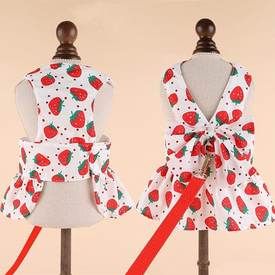 Dog Dress Bowknot Harness Leash Set for Small Dogs Red Strawberry Dog Cat Clothes Cute Puppy Outfits Pet Clothes Spring Summer Breathable Dresses(Large)
