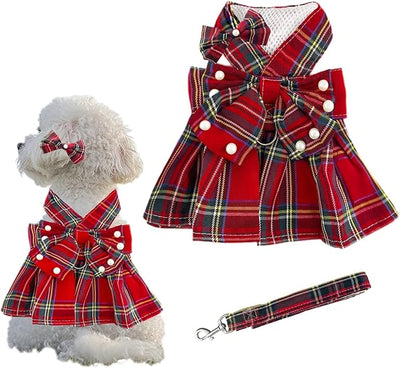 1 Pcs Cute Dog Dress Puppy Clothes with Bownot for Female Girl Small Dogs Outfits Harness for Outdoor Walking Birthday Party Red Plaid Skirt M