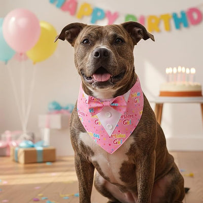 ADOGGYGO Birthday Girl Dog Tuxedo Bandana, Pink Collar with Bow Tie, Adjustable Formal Birthday Costume for Medium Dogs (M)