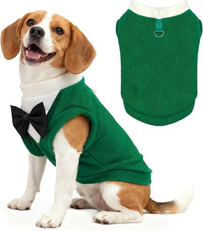Cute Dog Fleece Sweater with D-Ring, Fall Winter Dog Clothes Tuxedo Costume with Bowtie, Soft Puppy Sweatshirt Corgi Bulldog Apparel Dachshund Outfits for Small Medium Large Dogs(Green,6XL)