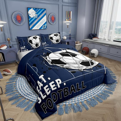 Erosebridal King Size Football Comforter Sets for Boys, Soccer Bedding Set Football Field Quilt for Kids Teens Adult Bedroom, Ball Games Sports Navy Blue Bedding Comforter Sets, 2 Pillow Cases