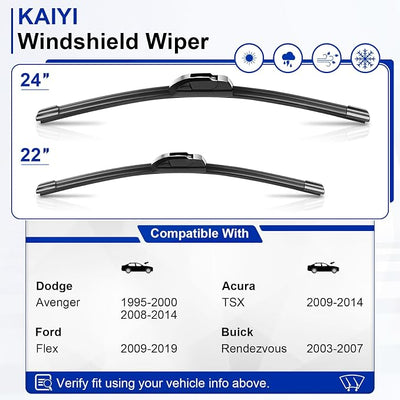 KAIYI 24" + 22" Windshield Wipers Compatible with Dodge Avenger 1995-2000 2008-2014,Ford Flex 2009-2019,Acura TSX 2009-2014 Premium Automotive Replacement Windshield Wiper Blades 2 Pack