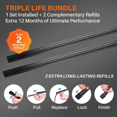 DOG TAIL Silicone Wiper Blades with 2 Refills - 24" & 20" | Water Repellent, 2 Refills, 7 Multiple Adapters for Quick Setup with Wide Vehicle Compatibility, Streak-Free, Quiet, Durable