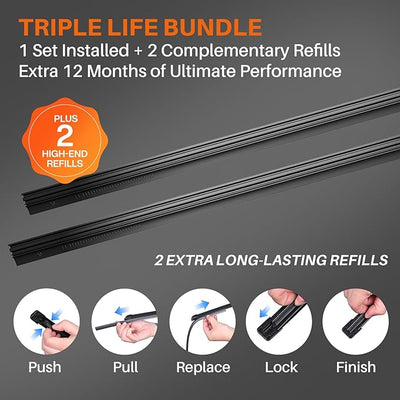 DOG TAIL Silicone Wiper Blades with 2 Refills - 26" & 16" | Water Repellent, 2 Refills, 7 Multiple Adapters for Quick Setup with Wide Vehicle Compatibility, Streak-Free, Quiet, Durable