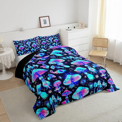 Cute Mushroom Comforter Set For Kids, Cartoon Kawaii Bedding Set Full Size Galaxy Starry Sky Duvet Sets For Girls Boys Teens,Farmhouse Plant Quilted Duvet 3 Pieces With 2 Pillow Cases, Blue Purple