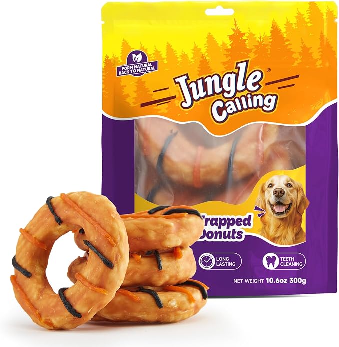 Dog Treats, Long Lasting Collagen Chews for Dogs, Chicken Wrapped Collagen Donuts, High Protein Rawhide Alternative Chewy Snacks for Medium and Large Dogs (4 Count)
