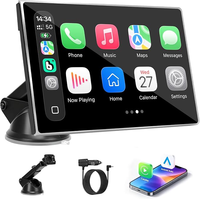 Carplay Screen for Car, 7 inch Wireless Carplay & Android Auto（Silver） | Portable Touchscreen car play with Mirror Link，Bluetooth，Voice Control，Map Navigation，FM Transmit，Plug-and-Play car stereo