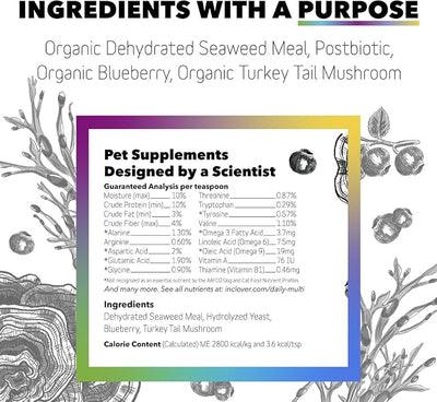 InClover Daily Multi Cat & Dog Vitamin - Canine & Feline Vitality Powder - Immunity Boost with Organic Blueberry, Seaweed, Turkey Tail Mushroom & Postbiotic Fibers