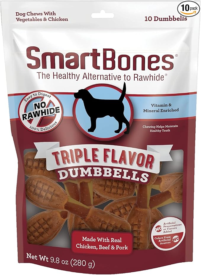 Triple Flavor Dumbbells, 10 Count, Rawhide-Free Chews for Dogs, Made with Real Chicken, Beef and Pork