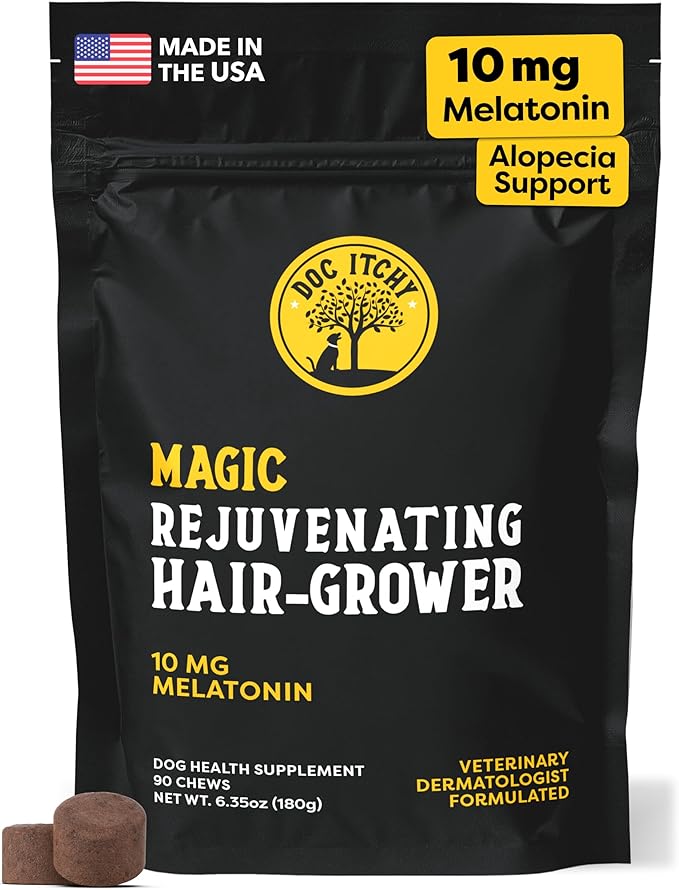 Rejuvenating Hair-Grower Dog Pet Chews | 10mg Melatonin for Dogs | Hair Growth Booster | Senior Dog Energizer | Calming | Medical-Strength | Food Allergy Safe | Made in USA | 90 Count