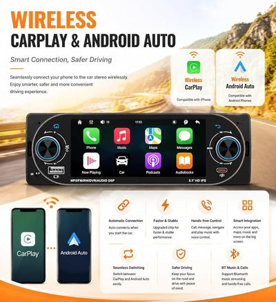 5.1" Single Din Bluetooth Car Stereo Wireless CarPlay Radio Android Auto | IPS Touchscreen, FM/AM/RDS radio, USB Type-C fast charging, 4×45W car audio, backup camera, fit most single din vehicles