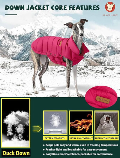 SPACE LION Dog Puffer Jacket, Down Winter Coat, Durable Outdoor Coat for Cold and Windy Conditions, Lightweight & Adjustable Fit Coats for Large Dogs, (Chili, Size22/XL+)