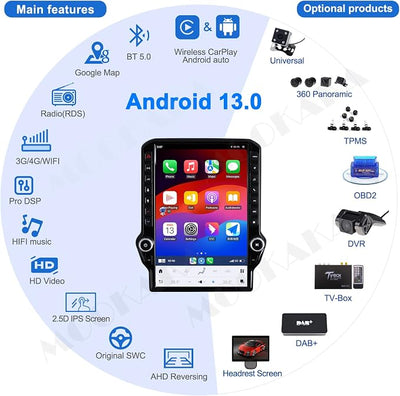 14.5 Inch Android Car Radio for Dodge RAM 1500 2500 3500 2013-2018 Truck Stereo Upgrade Tesla Style Touch Screen Carplay Android Auto GPS Navigation Head Unit (8-128GB)