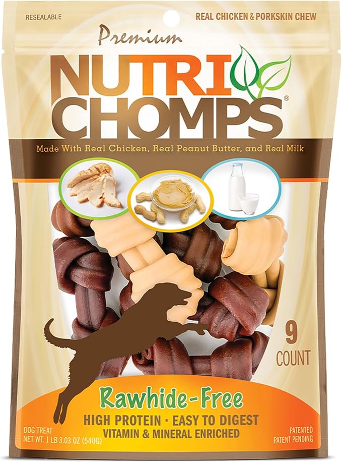 Dog Chews, 4-inch Knots, Easy to Digest, Rawhide-Free Dog Treats, 9 Count, Real Chicken, Peanut Butter and Milk flavor