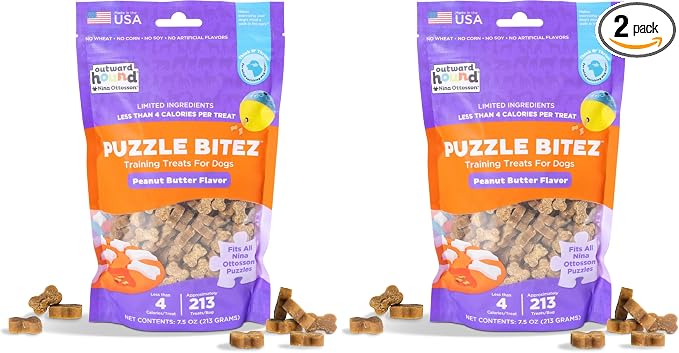 by Nina Ottosson Puzzle Bitez USA Made Dog Treats,Peanut Butter Flavor,Bite-Sized Training Reward and Interactive Puzzle Toy Treats,7.5oz,(Pack of 2)